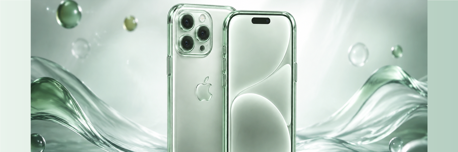 Wide banner showing the translucent phone twins in a flowing mint glass landscape