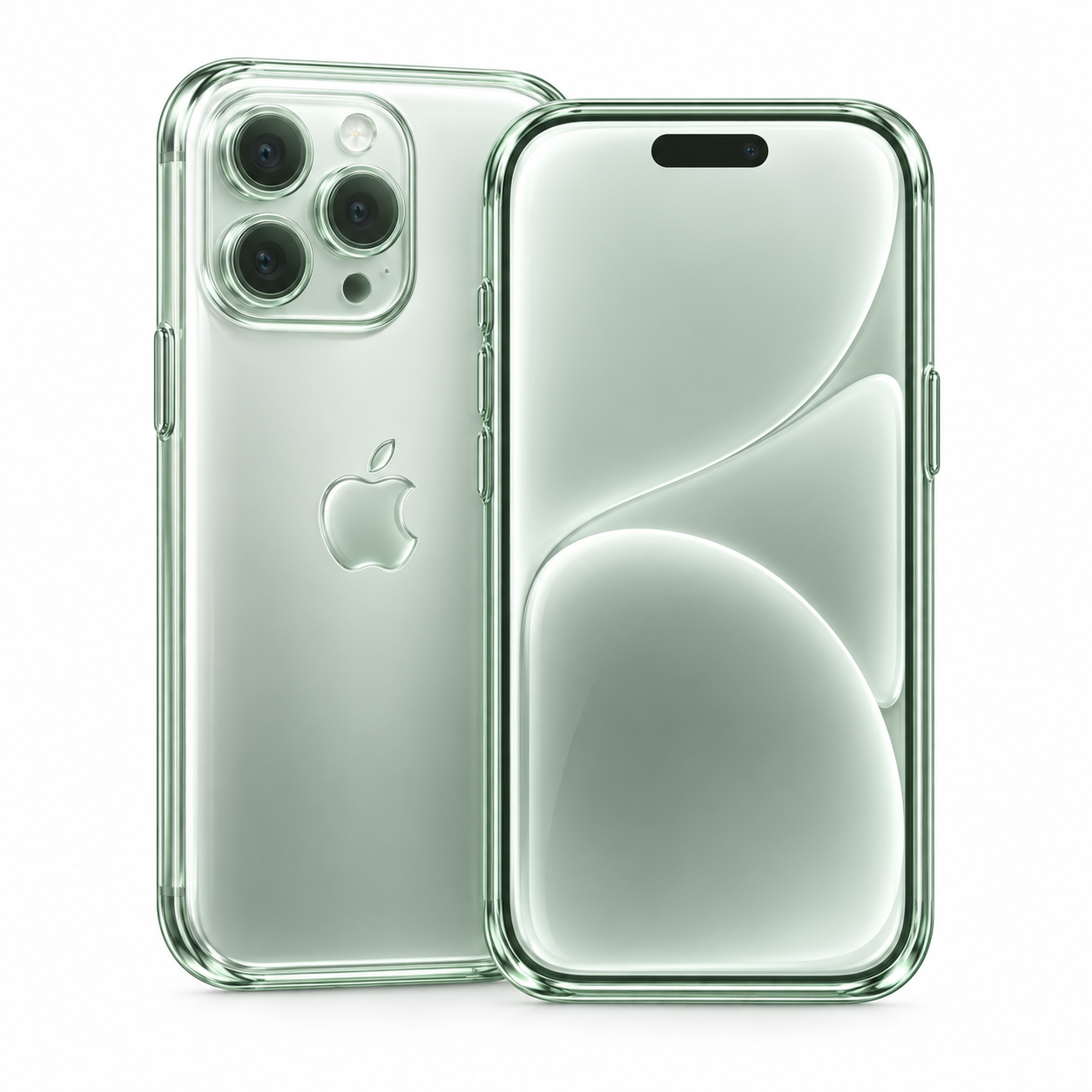 Two translucent mint phones, front and back