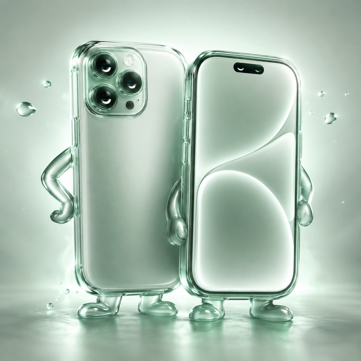 Square launch artwork of two mint glass phone characters