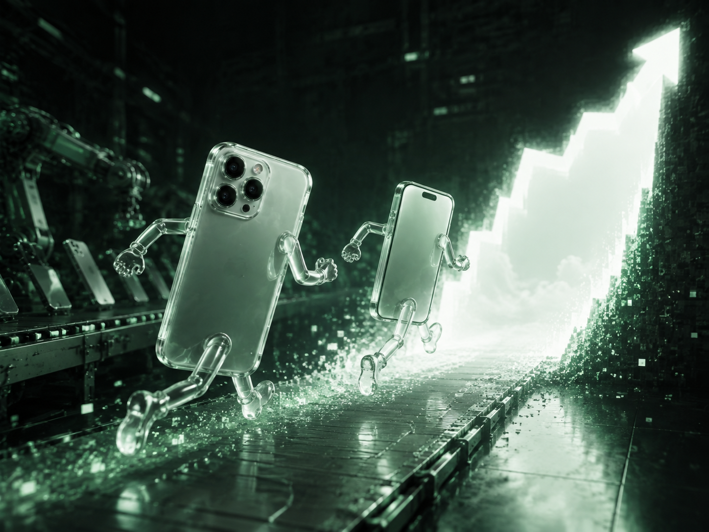 Two glass phone creatures escaping a dark factory toward a glowing chart-shaped portal
